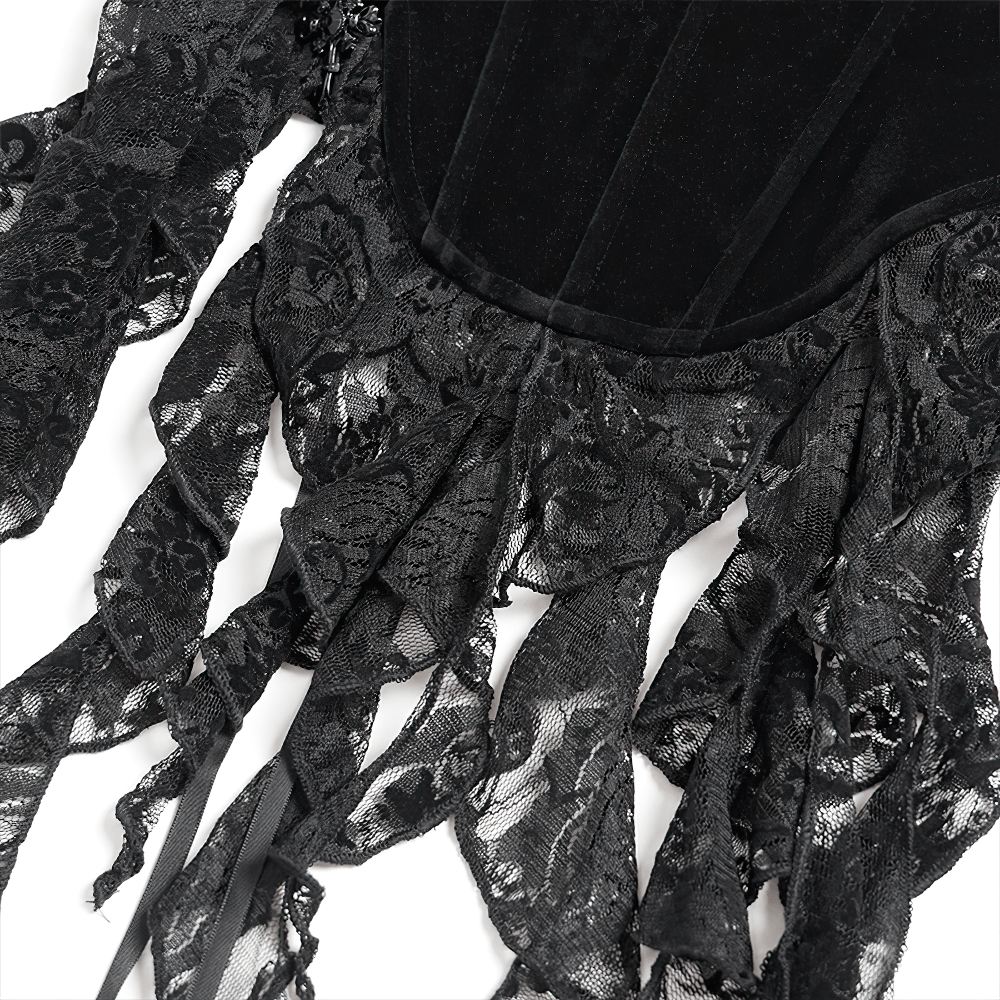 Alt Tag: Black Gothic Lace-Up Velvet Fringe Corset Top close-up featuring black lace fringe and velvet corset detailing