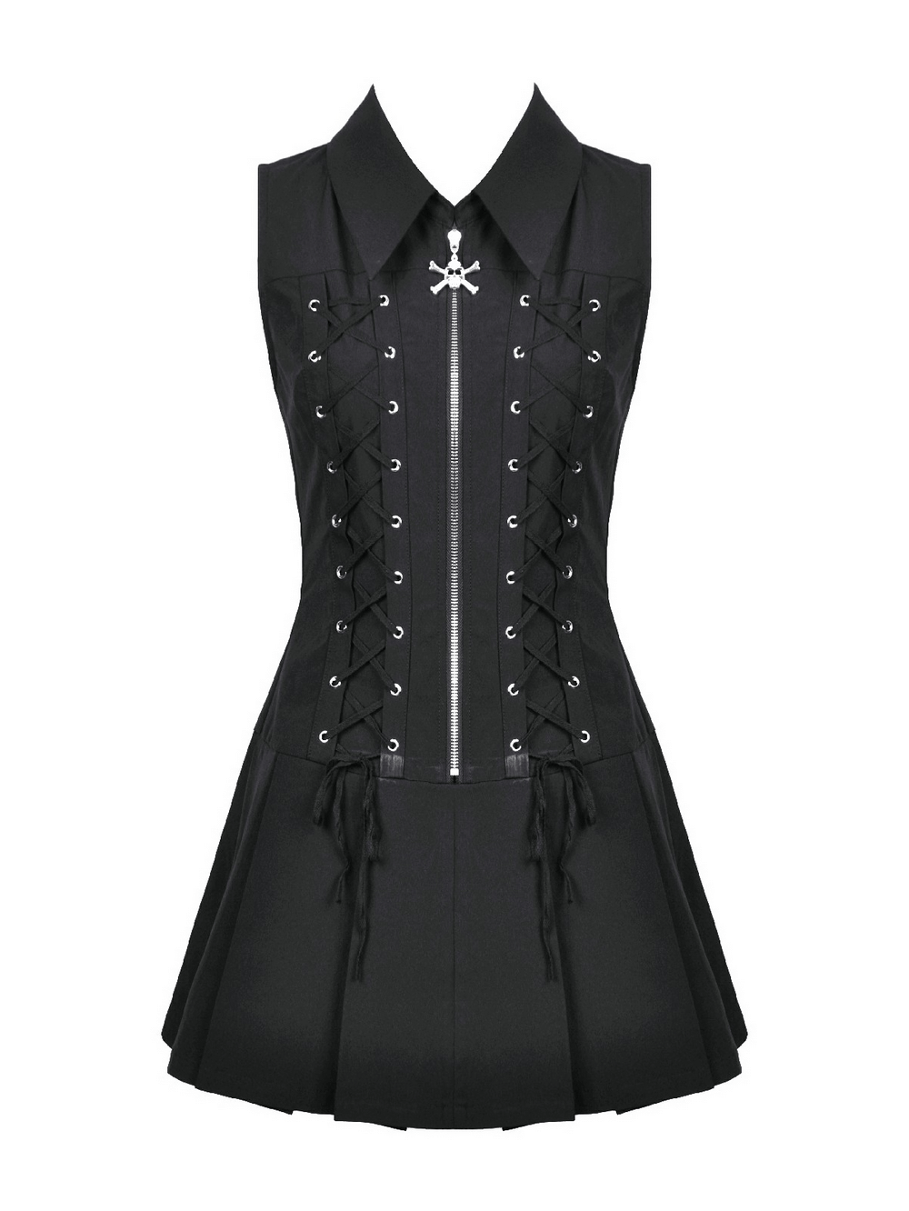 Black Gothic Lace Up Zip Front Pleated Mini Dress showcasing a sharp collar and lace-up sides for a bold look.