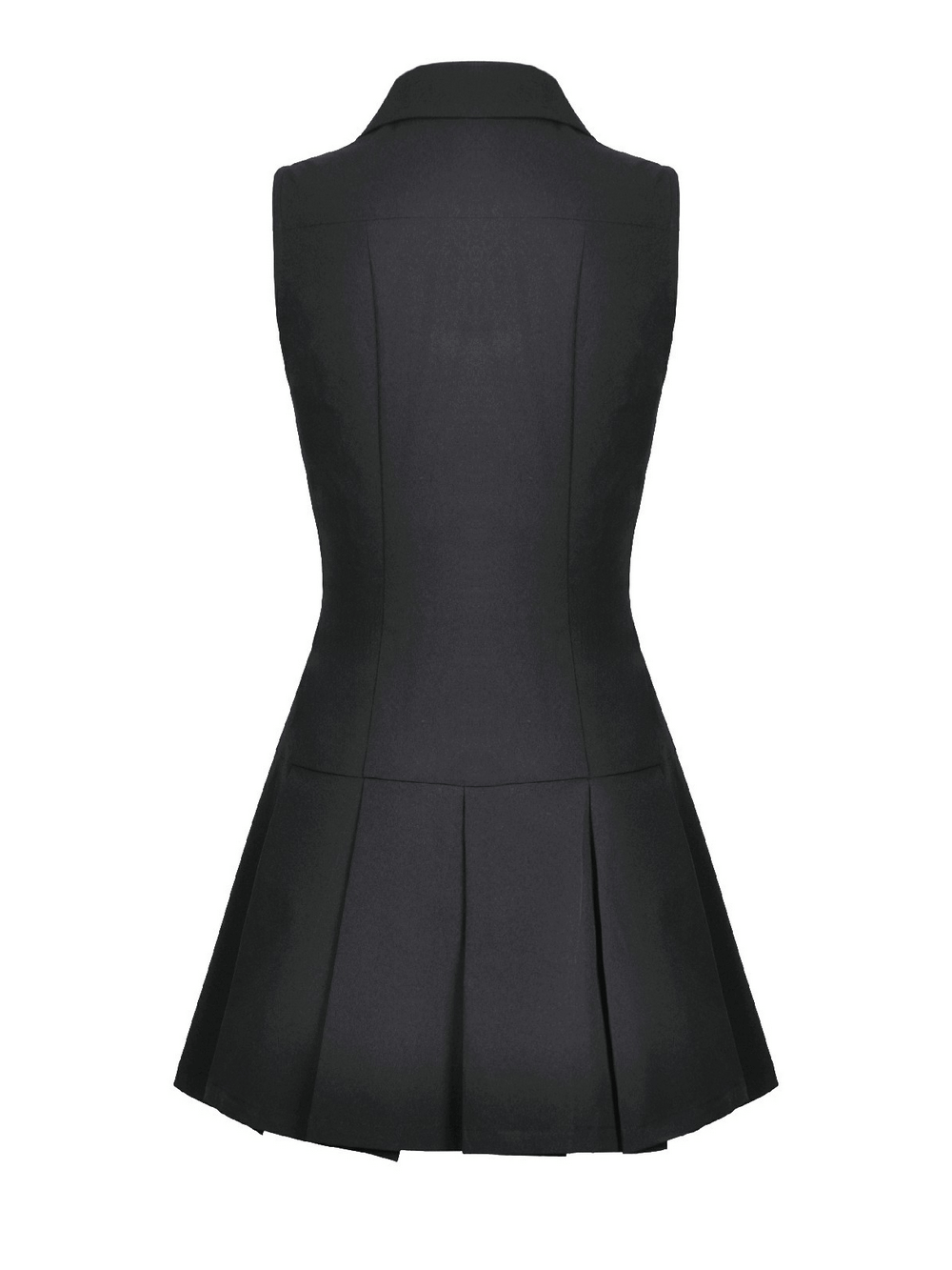 Back view of the Black Gothic Lace Up Zip Front Pleated Mini Dress highlighting the flared pleated skirt and sharp collar.