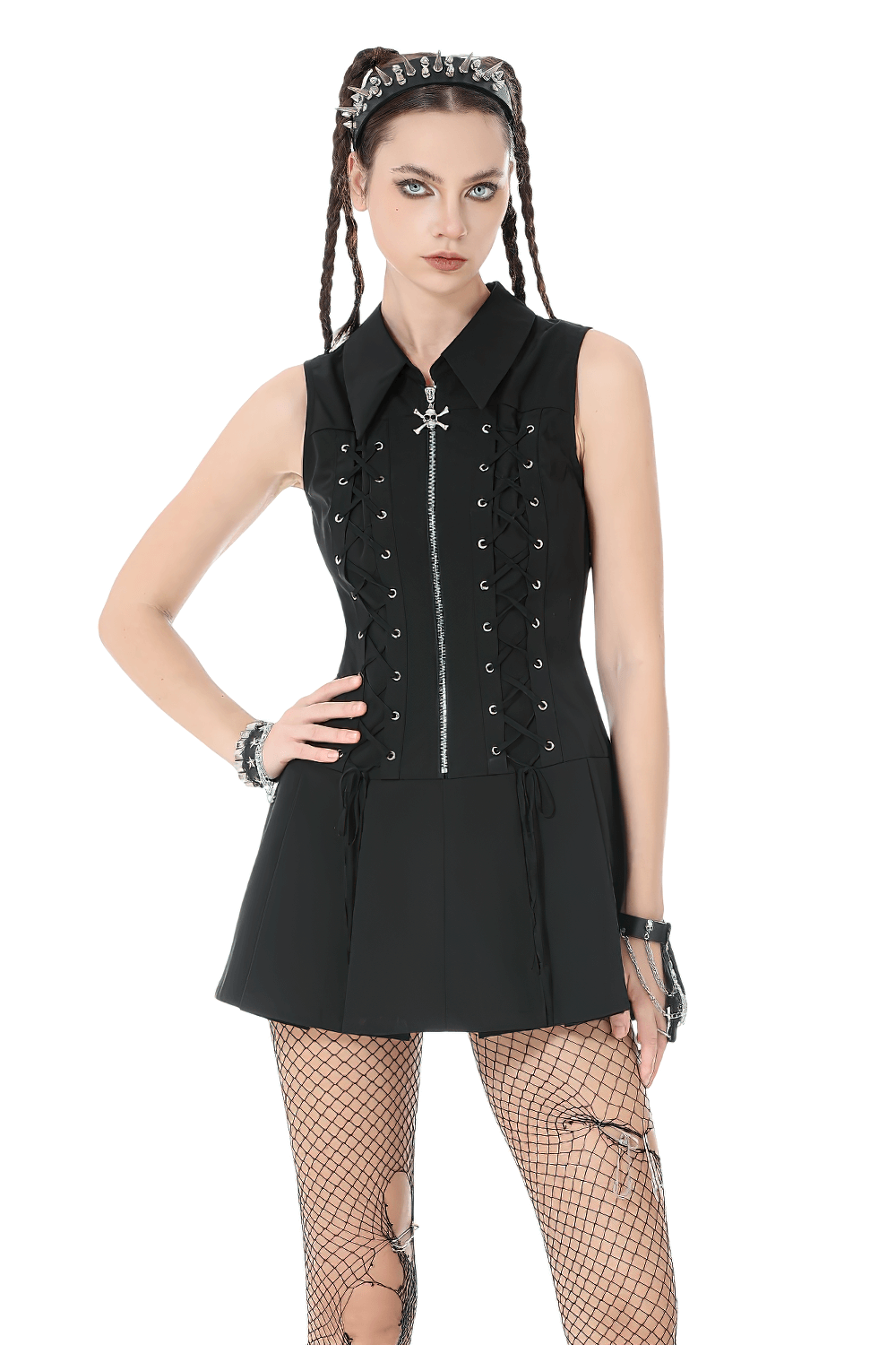 Black Gothic Lace Up Zip Front Pleated Mini Dress worn by model with fishnet tights and edgy accessories.