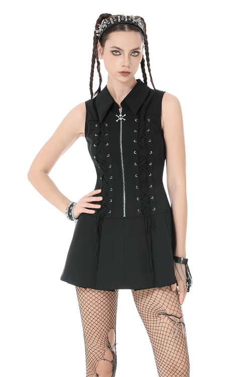 Black Gothic Lace Up Zip Front Pleated Mini Dress