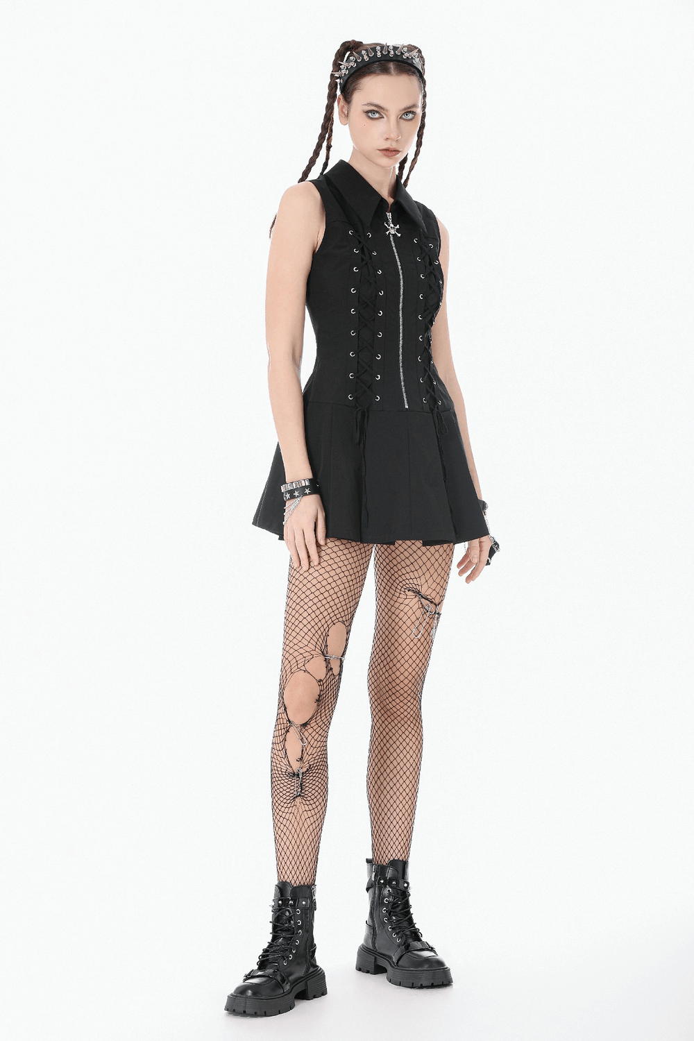 Black Gothic Lace Up Zip Front Pleated Mini Dress worn with fishnets and chunky boots, perfect for alternative styling.