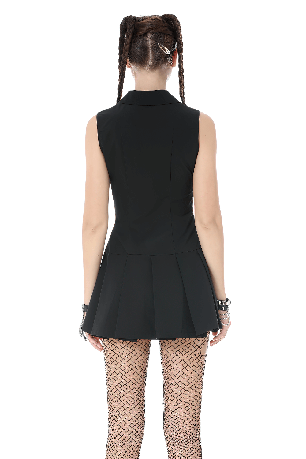 Back view of Black Gothic Lace Up Zip Front Pleated Mini Dress showing pleated skirt and sharp collar.
