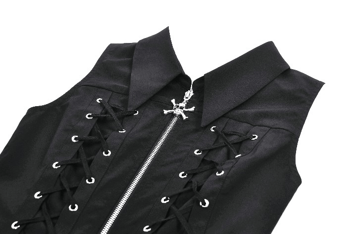 Black Gothic Lace Up Zip Front Pleated Mini Dress close-up featuring skull zipper and lace-up detailing.
