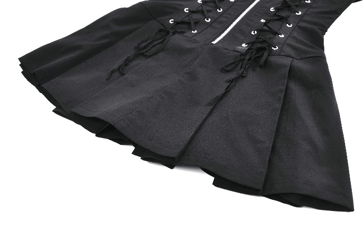 Black Gothic Lace Up Zip Front Pleated Mini Dress featuring lace-up side panels and flared pleated skirt.