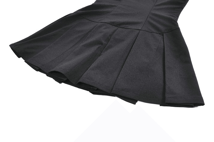 Black Gothic Lace Up Zip Front Pleated Mini Dress flared skirt detail with pleats for alternative fashion style.