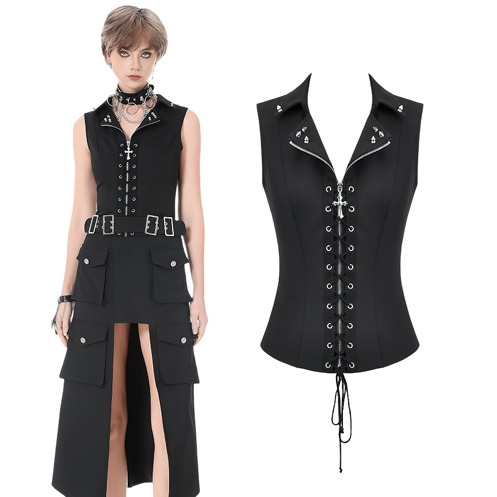 Black Gothic Lace-Up Zipper Vest with Stud Collar styled with sleek punk fashion.