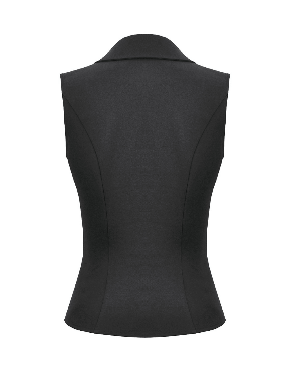 Back view of Black Gothic Lace-Up Zipper Vest with Stud Collar showcasing structured tailoring and sleek design.