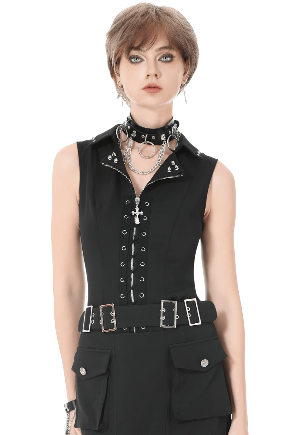 Black Gothic Lace-Up Zipper Vest with Stud Collar worn by model with punk accessories and edgy styling.