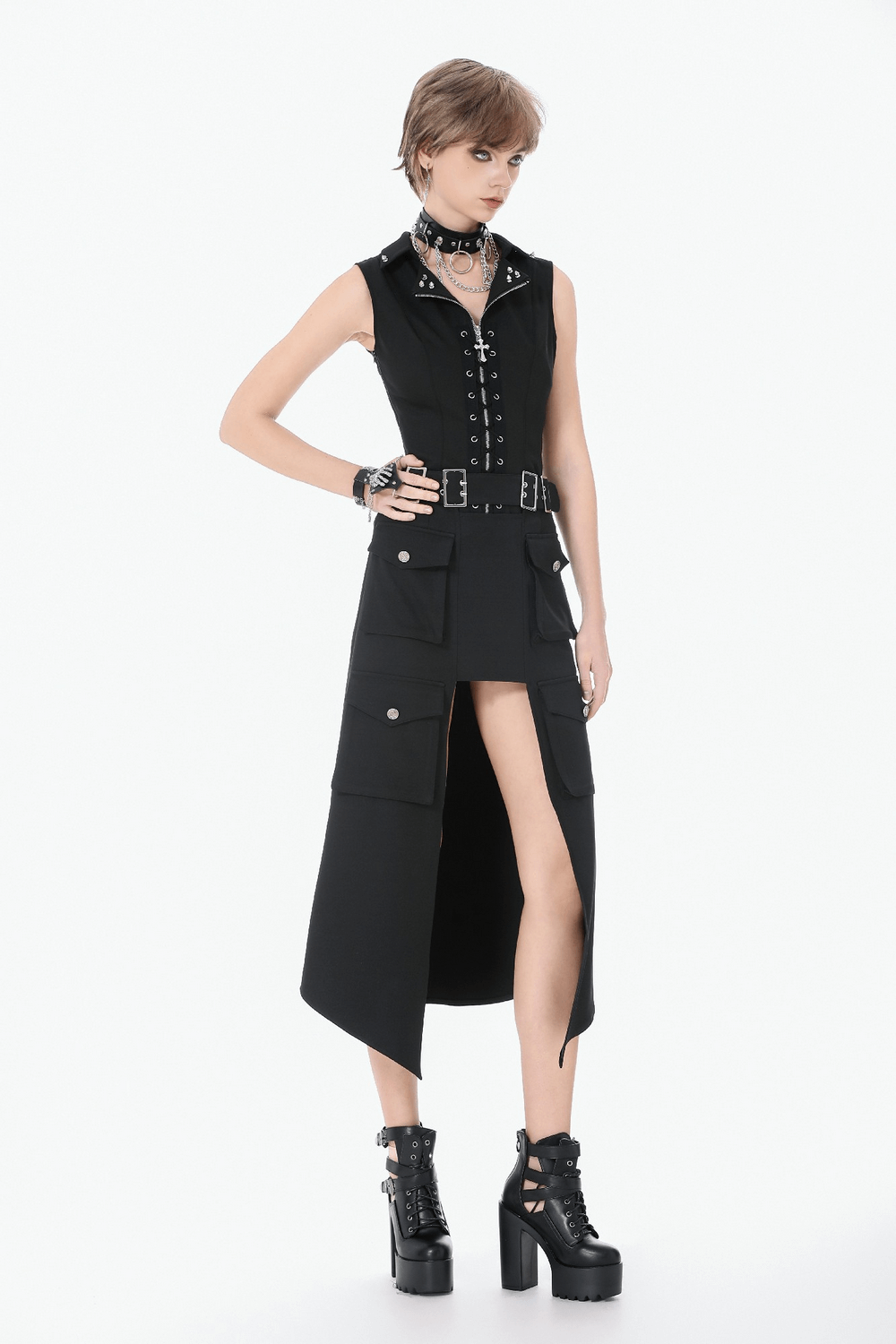 Black Gothic Lace-Up Zipper Vest with Stud Collar worn by a model showcasing a bold punk-style look.