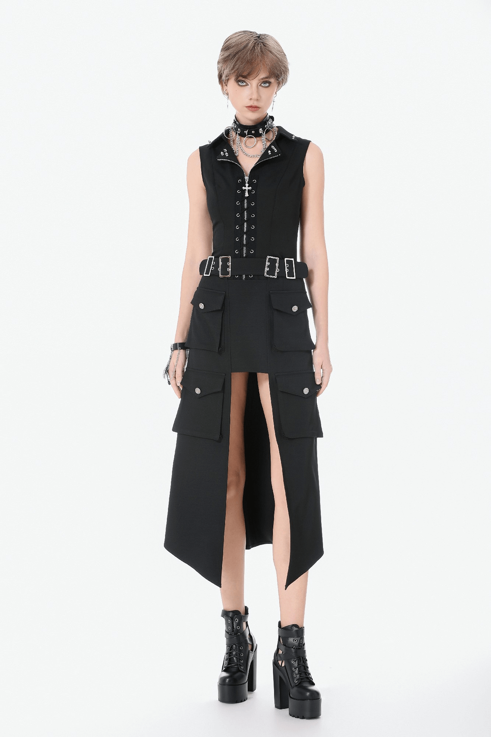 Black Gothic Lace-Up Zipper Vest with Stud Collar worn by a model showcasing punk style and edgy details.