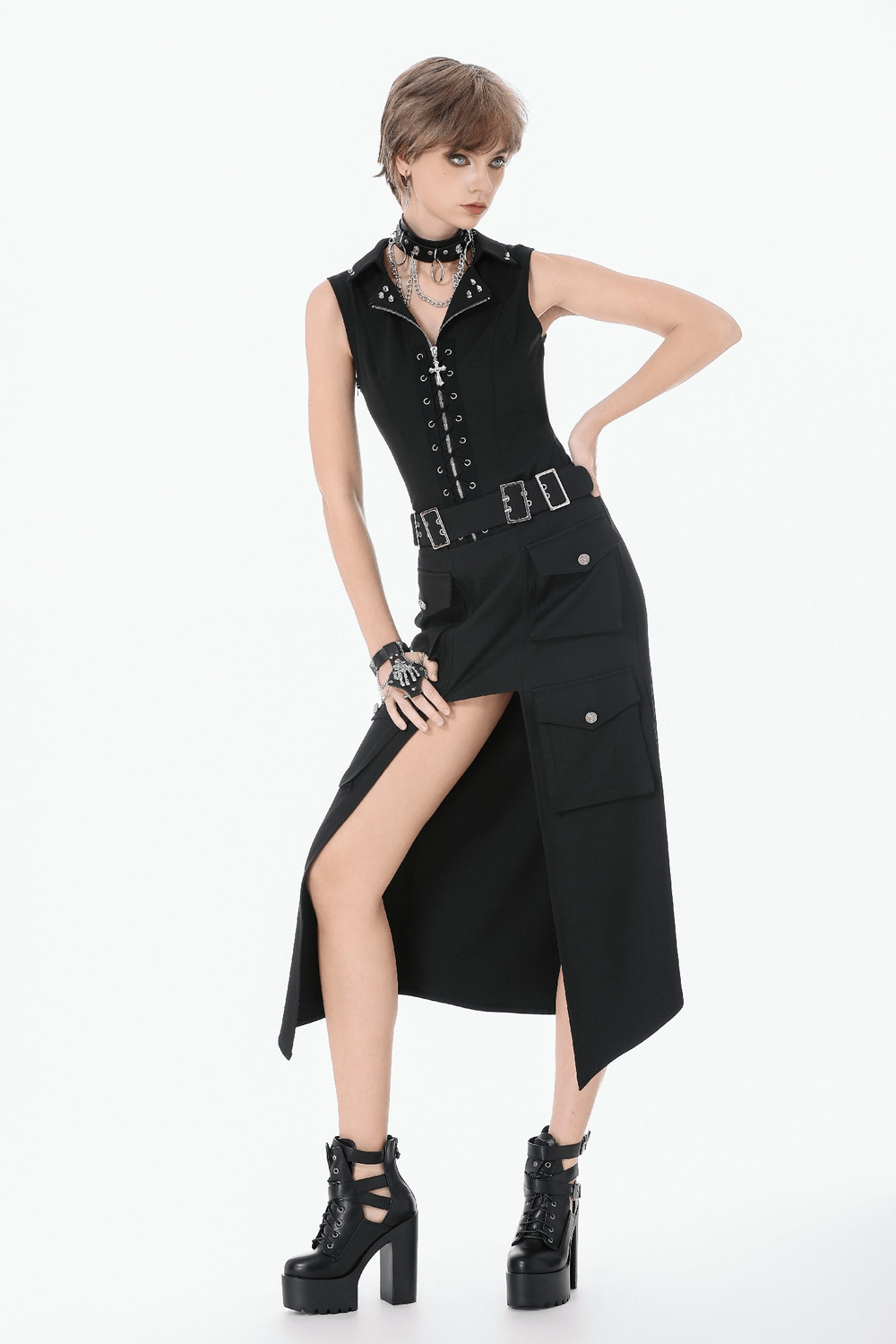 Model wearing Black Gothic Lace-Up Zipper Vest with Stud Collar paired with stylish black skirt.