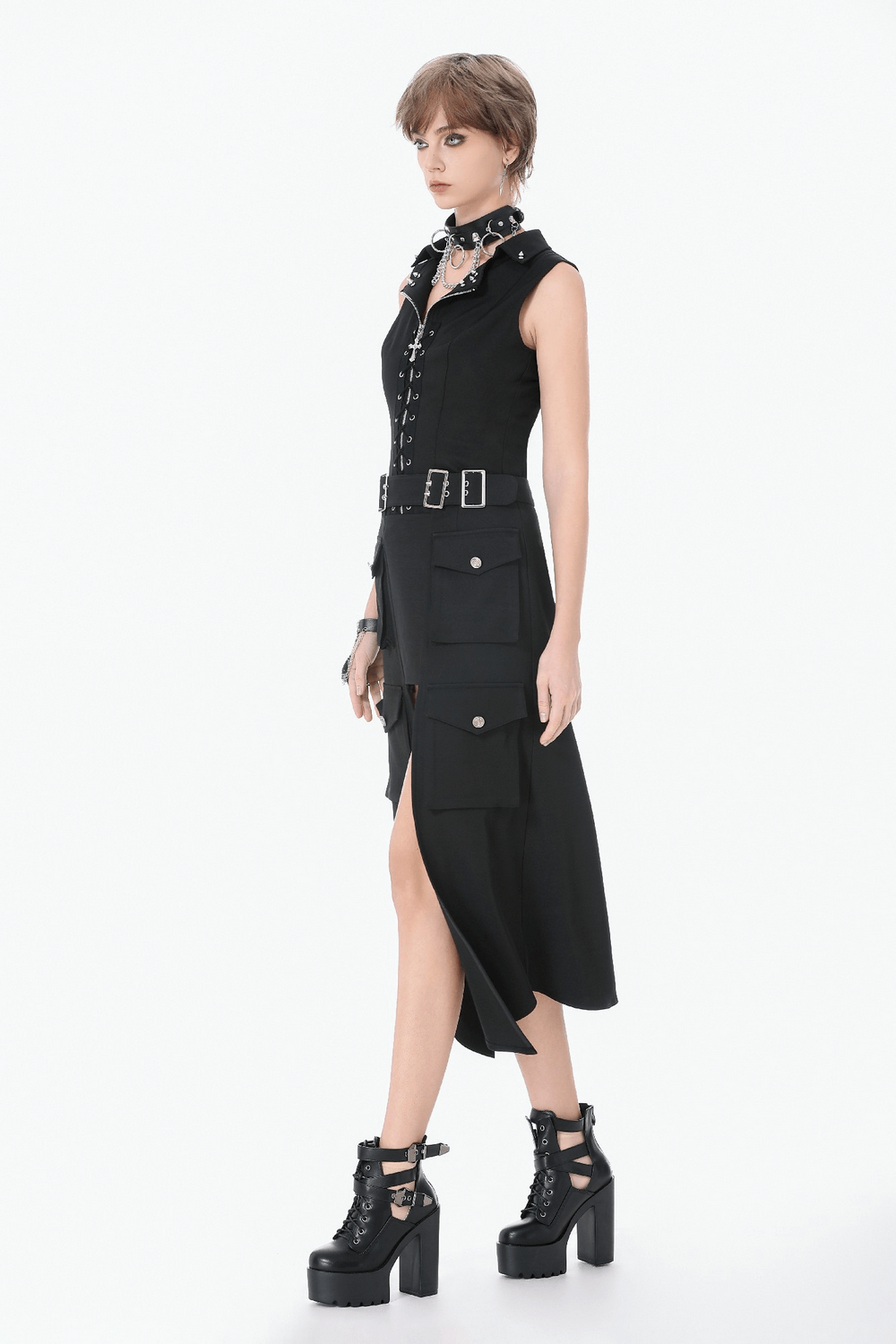 Black Gothic Lace-Up Zipper Vest with Stud Collar worn by a model showcasing punk-style fashion.