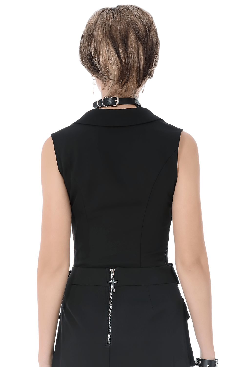 Back view of Black Gothic Lace-Up Zipper Vest with Stud Collar, showcasing structured tailoring and sleek design.