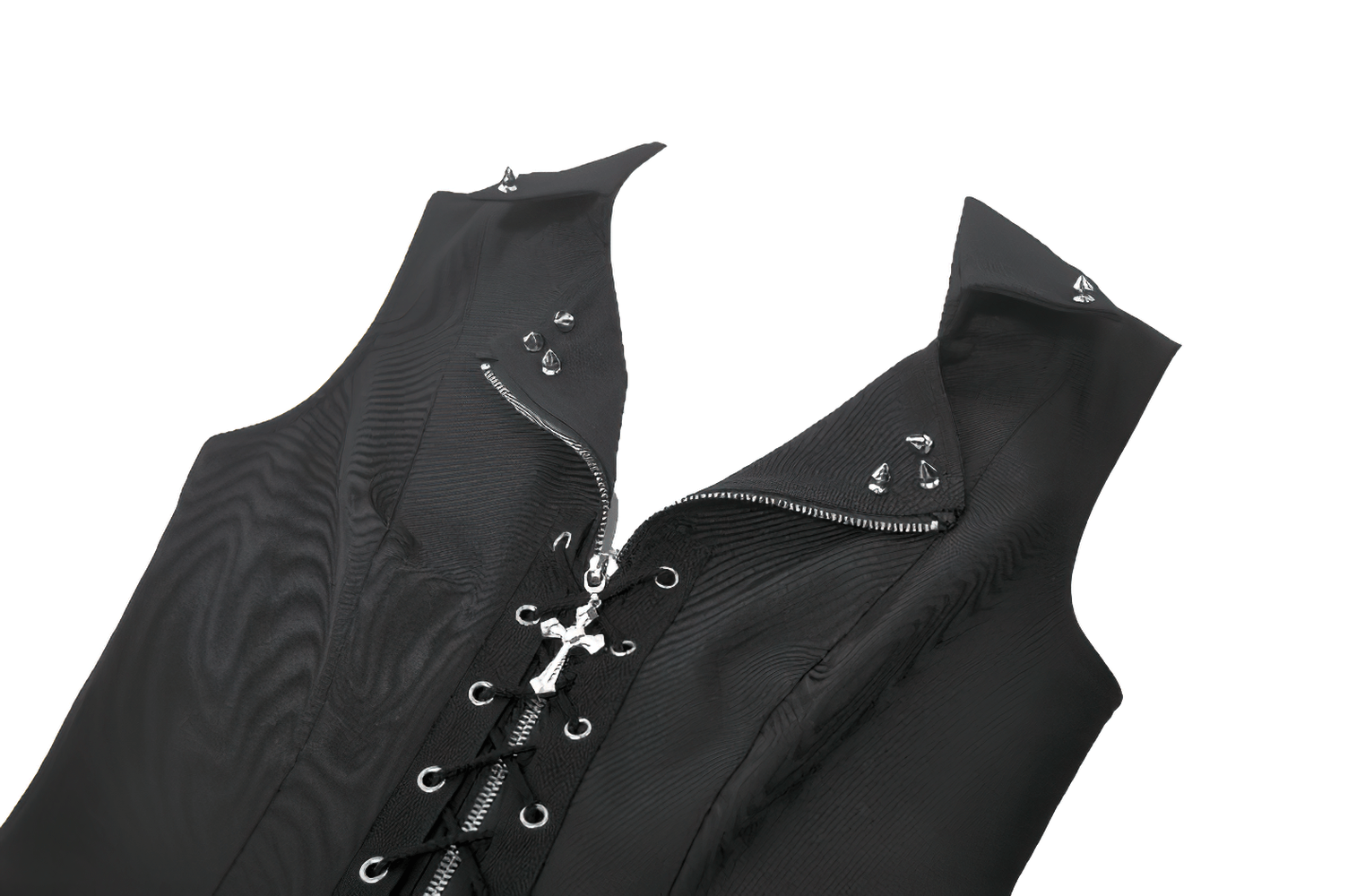 Black Gothic Lace-Up Zipper Vest with Stud Collar showcasing a punk-style sleeveless design and edgy metal details.