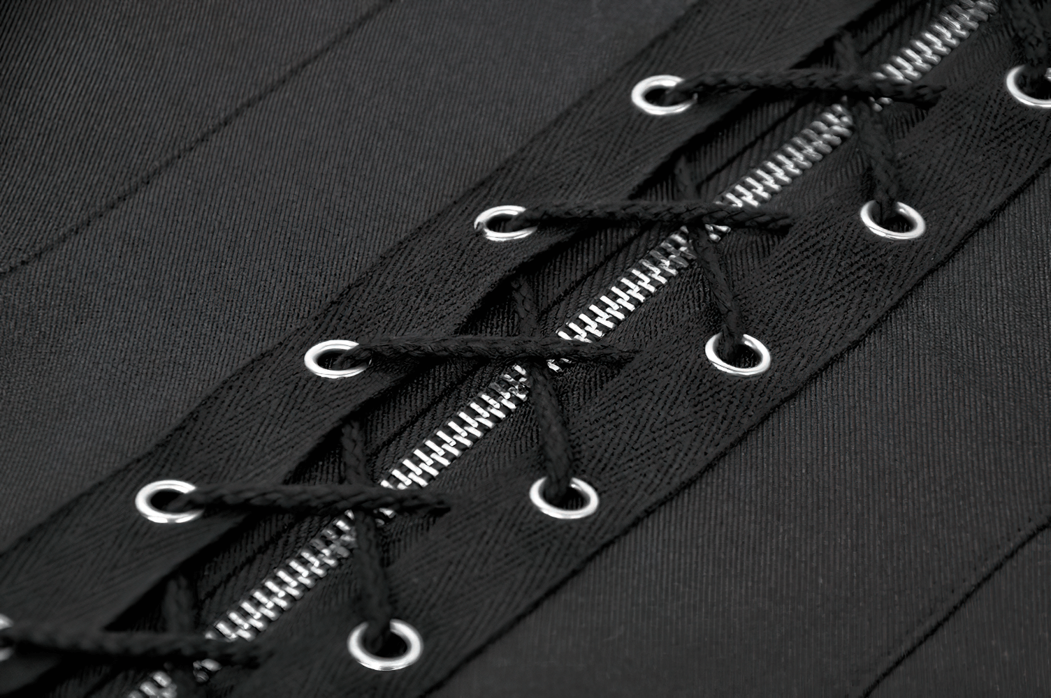 Close-up view of the Black Gothic Lace-Up Zipper Vest with Stud Collar showing the lace-up and zipper details.