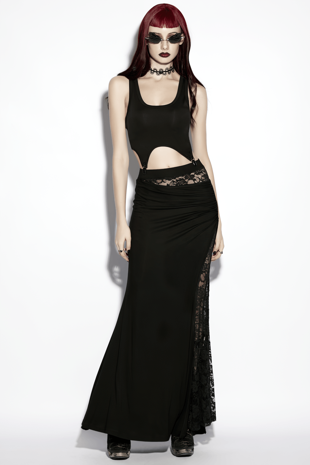 Alt Tag: Black Gothic Lace Waist Maxi Skirt with Side Slit on model, asymmetrical pleated maxi cut with sheer lace waist and side slit