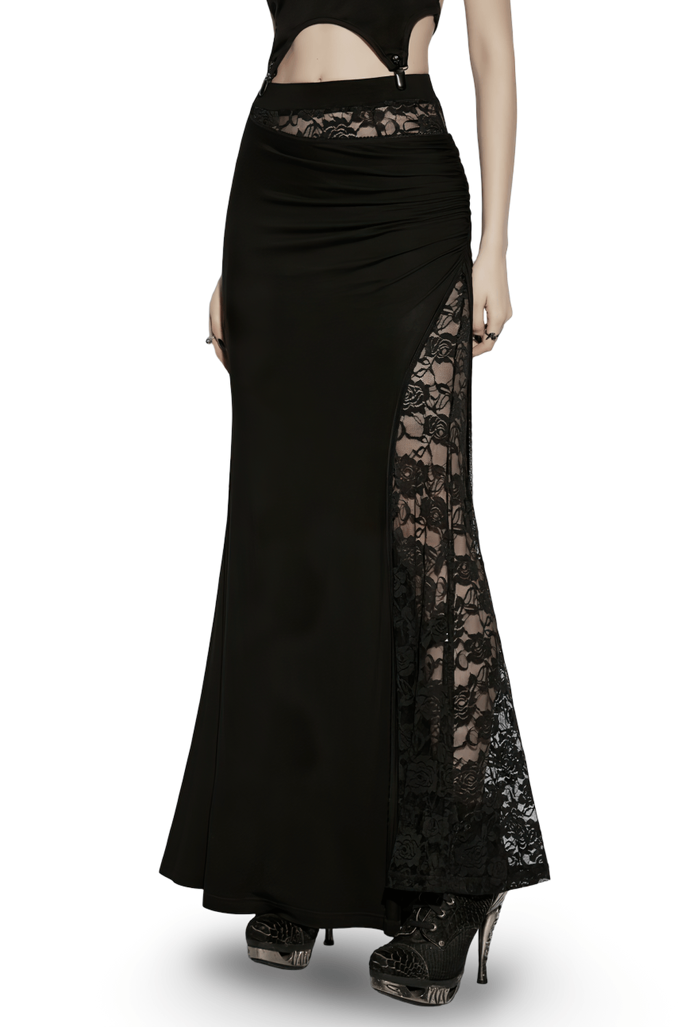 Alt Tag: Black Gothic Lace Waist Maxi Skirt with Side Slit worn on model, asymmetrical pleats, sheer lace waist and side lace slit panel