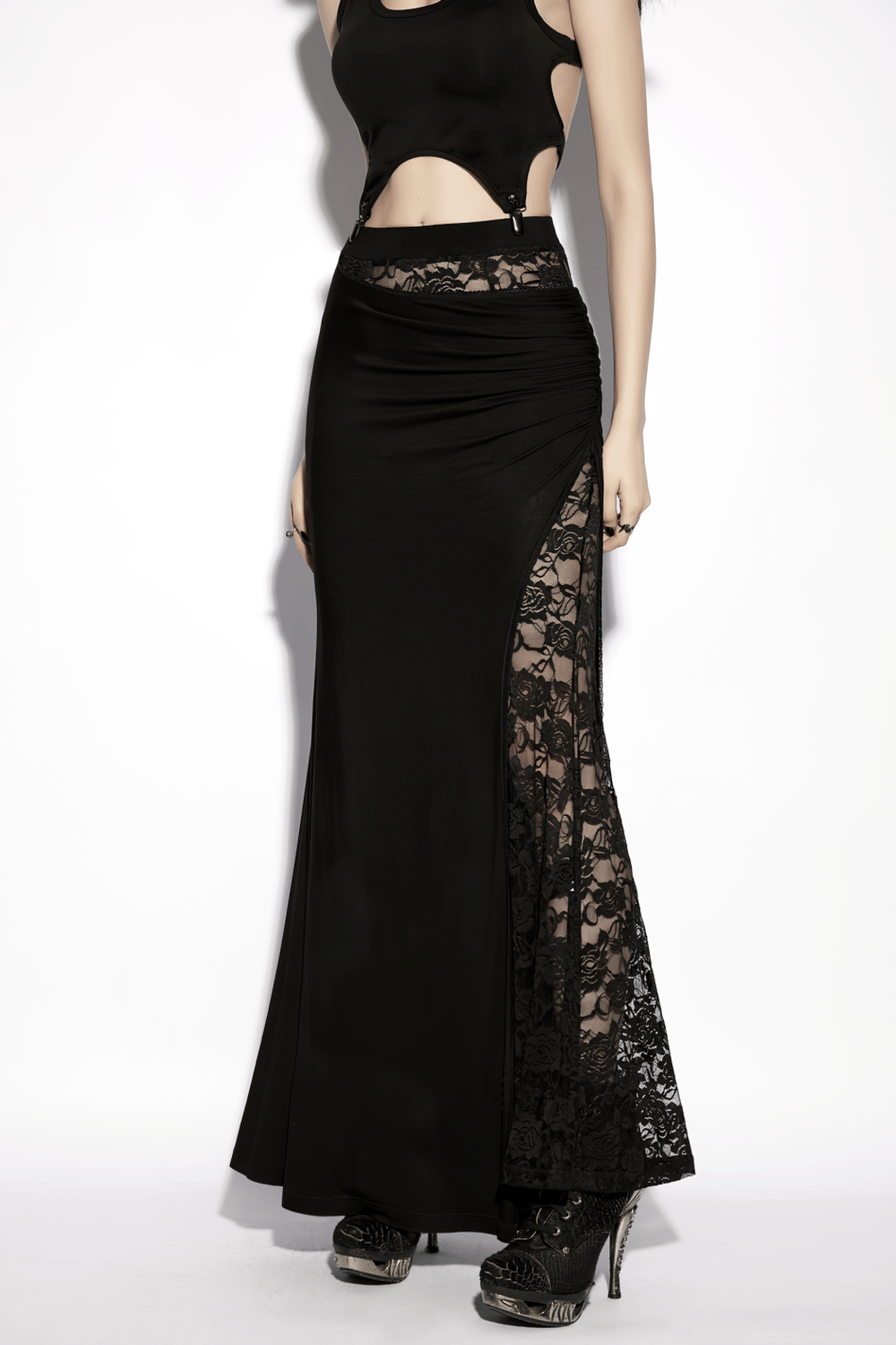 Alt Tag: Black Gothic Lace Waist Maxi Skirt with Side Slit on model, asymmetrical pleats, sheer rose lace waist and lace side panel