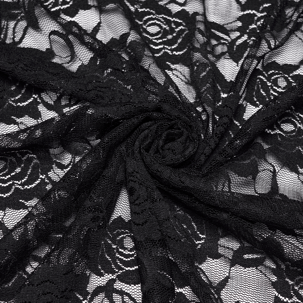 Alt Tag: Black Gothic Lace Waist Maxi Skirt with Side Slit black rose lace close-up, sheer floral gothic fabric detail