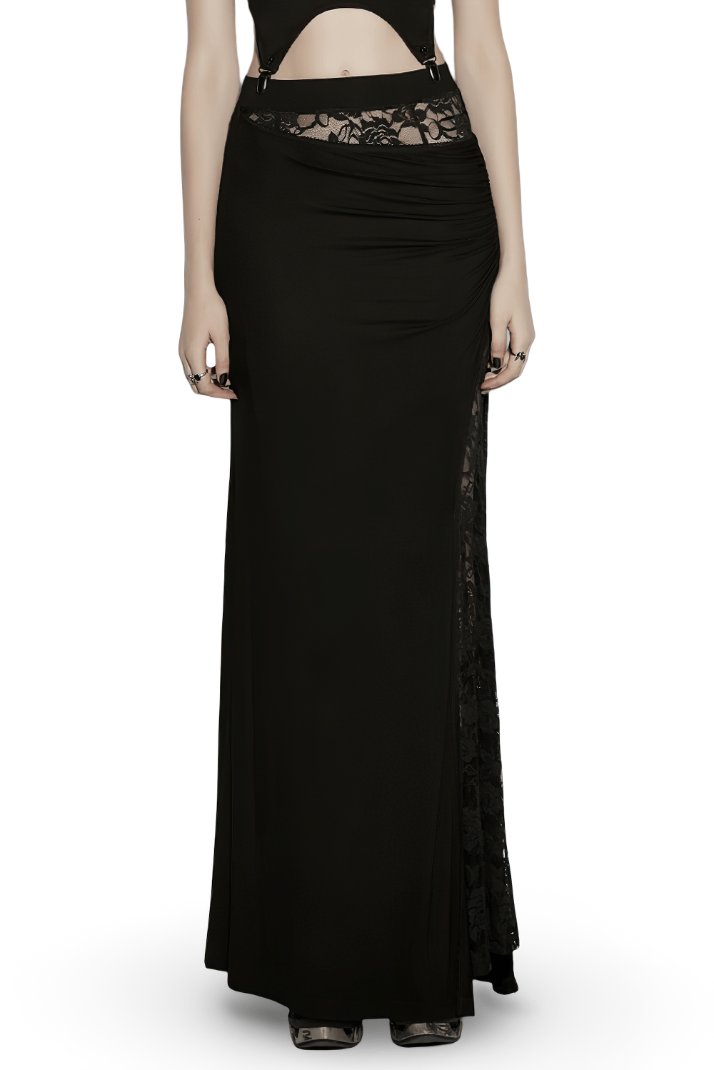 Alt Tag: Black Gothic Lace Waist Maxi Skirt with Side Slit, asymmetrical pleated black maxi skirt with sheer lace waist and side lace insert