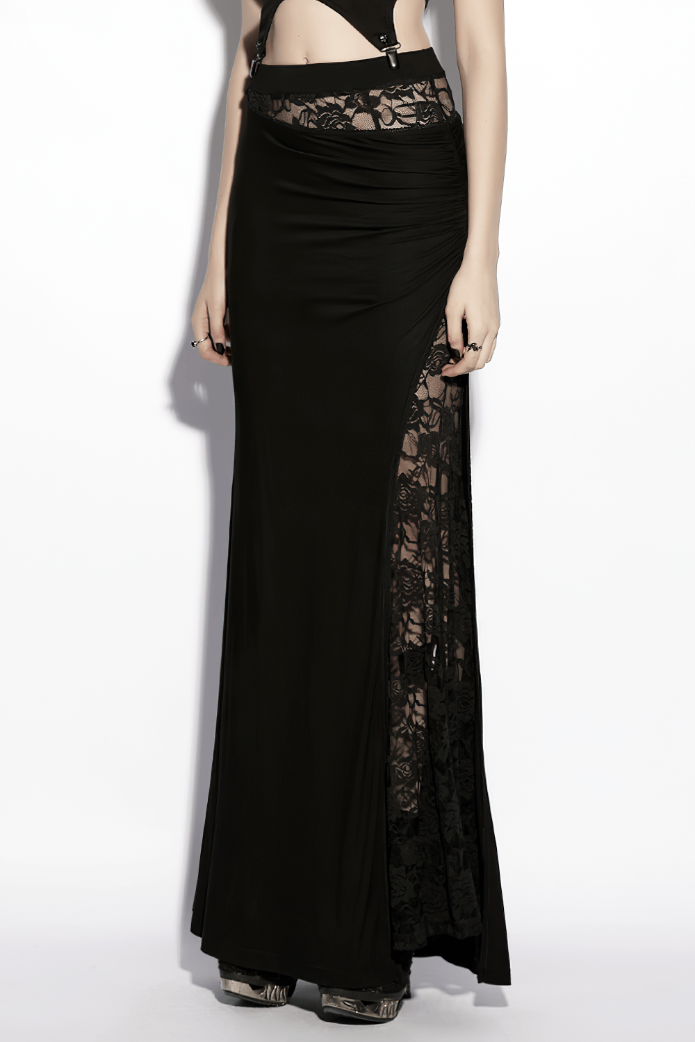 Alt Tag: Black Gothic Lace Waist Maxi Skirt with Side Slit, sheer lace waistband and side lace panel, asymmetrical pleated goth maxi skirt