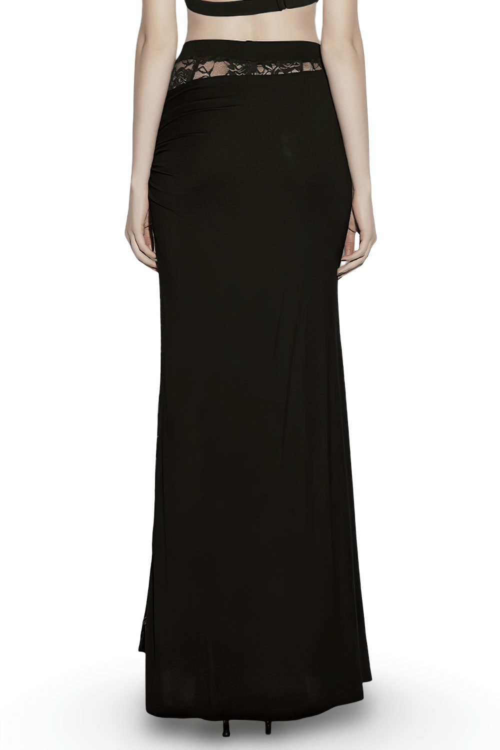 Alt Tag: Black Gothic Lace Waist Maxi Skirt with Side Slit, back view black maxi skirt with sheer lace waist and sleek gothic silhouette