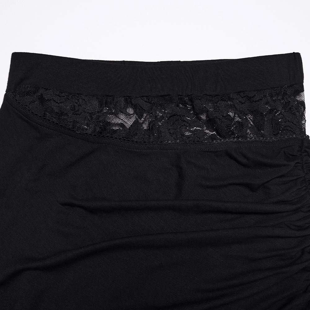 Alt Tag: Black Gothic Lace Waist Maxi Skirt with Side Slit close-up of sheer rose lace waistband and black knit fabric detail