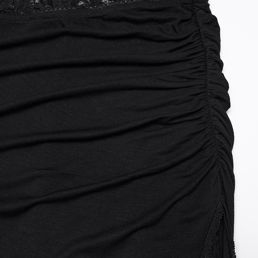 Alt Tag: Black Gothic Lace Waist Maxi Skirt with Side Slit close-up of ruched black knit fabric with lace trim and side slit detail