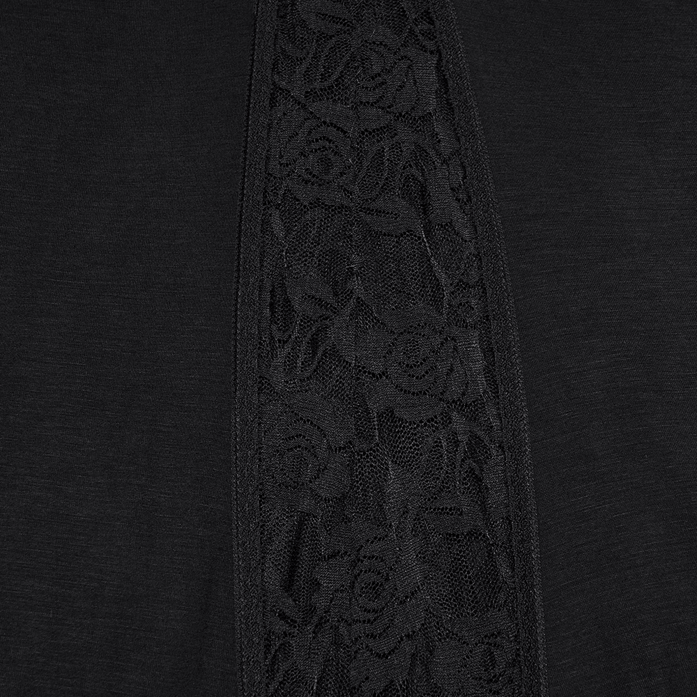 Alt Tag: Black Gothic Lace Waist Maxi Skirt with Side Slit close-up of rose lace side slit insert on black knitted fabric