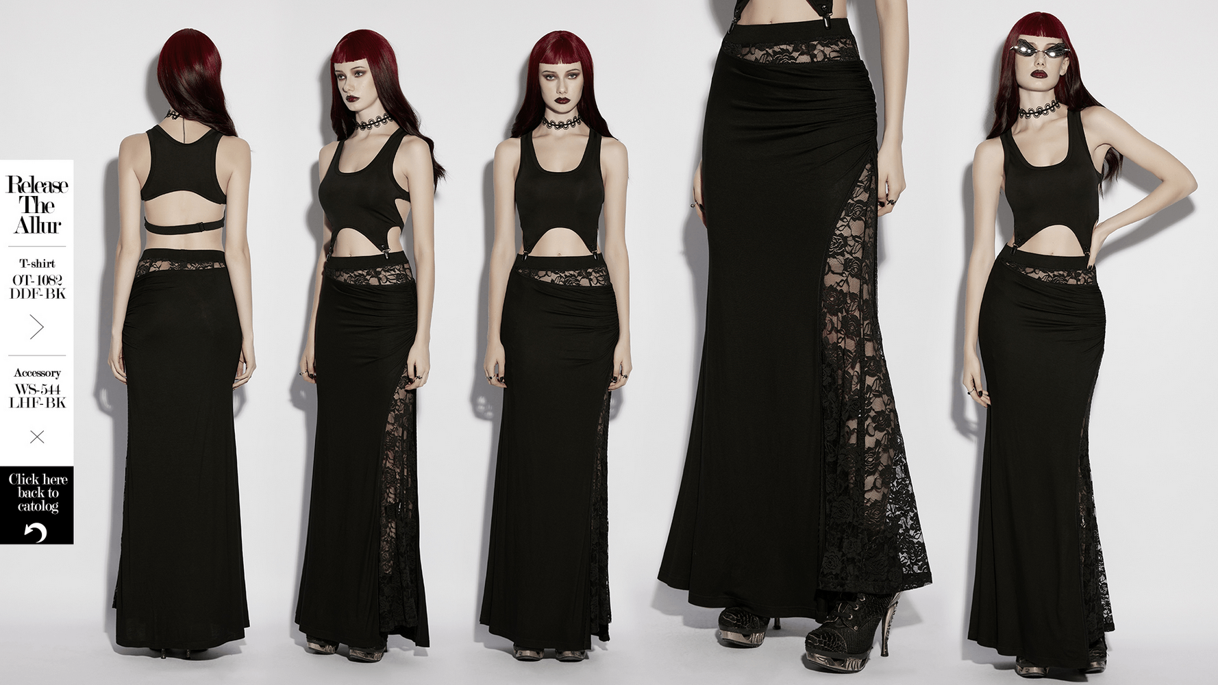 Alt Tag: Black Gothic Lace Waist Maxi Skirt with Side Slit with asymmetrical pleats and sheer lace waist, side slit gothic maxi skirt