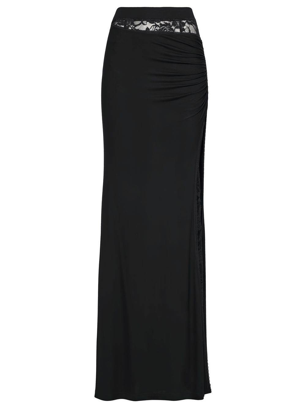 Alt Tag: Black Gothic Lace Waist Maxi Skirt with Side Slit, asymmetrical pleated black maxi skirt with sheer lace waist and side slit