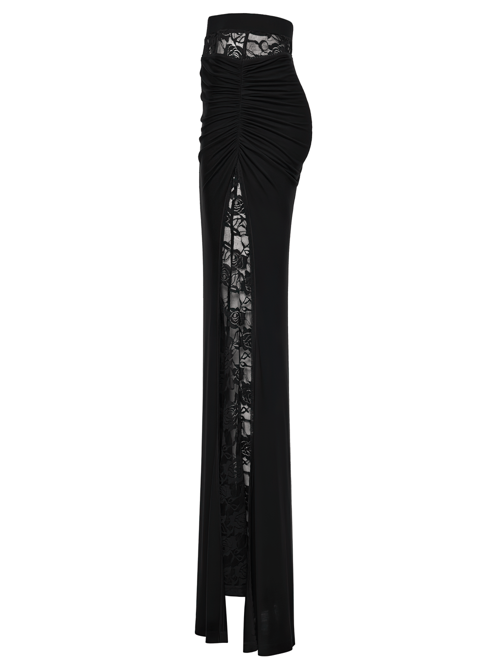 Alt Tag: Black Gothic Lace Waist Maxi Skirt with Side Slit, asymmetrical pleated black maxi skirt with sheer lace waist and side lace insert