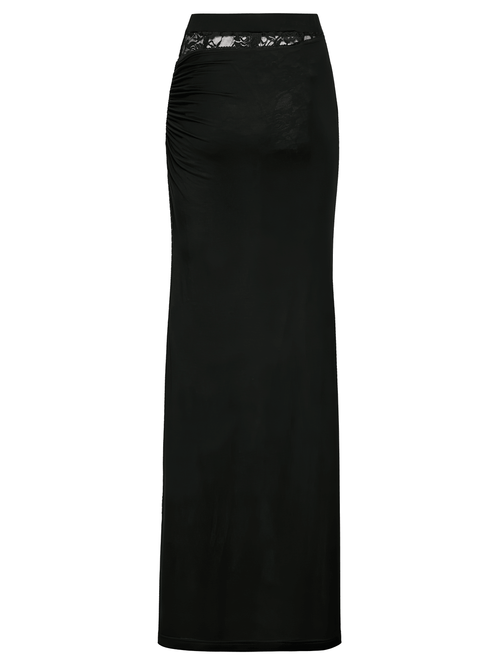 Alt Tag: Black Gothic Lace Waist Maxi Skirt with Side Slit, black asymmetrical pleated lace maxi skirt with sheer lace waist and side slit