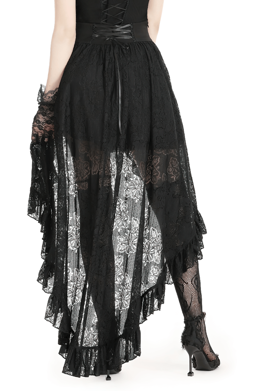 Back view of a black gothic layered lace skirt with an asymmetrical hem and intricate lace detailing.
