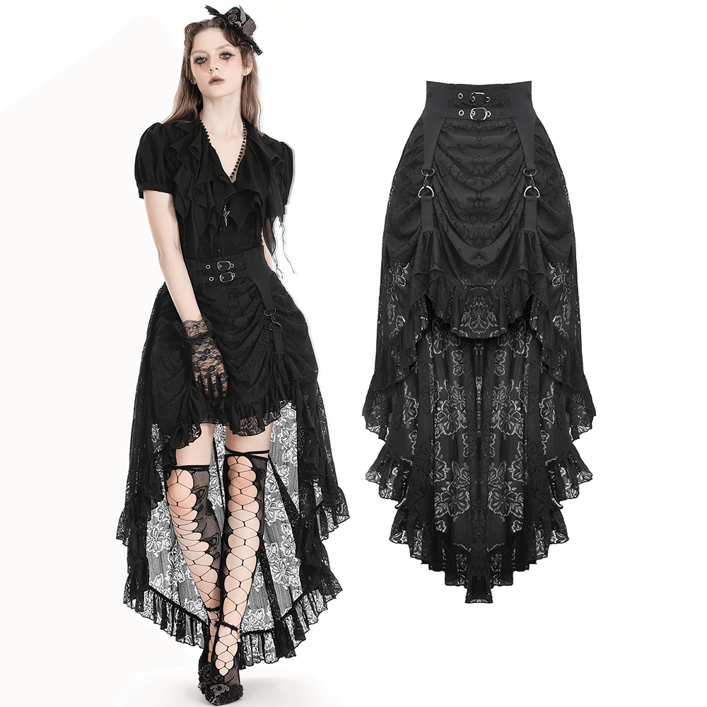 Black Gothic Layered Lace Skirt featuring asymmetrical hem and elegant lace design, perfect for evening wear.