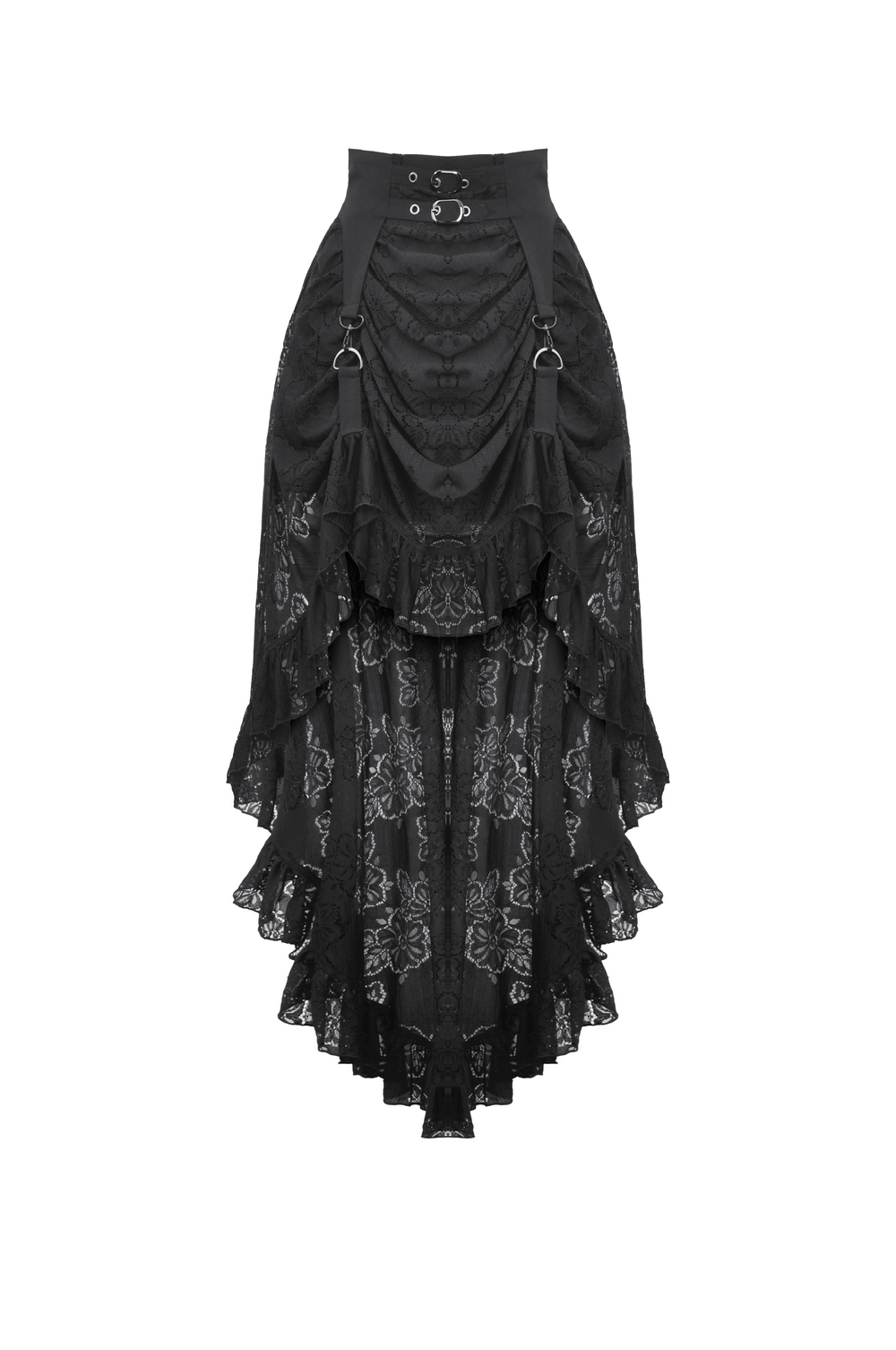 Elegant black gothic layered lace skirt with asymmetrical hem and adjustable straps for edgy evening wear.