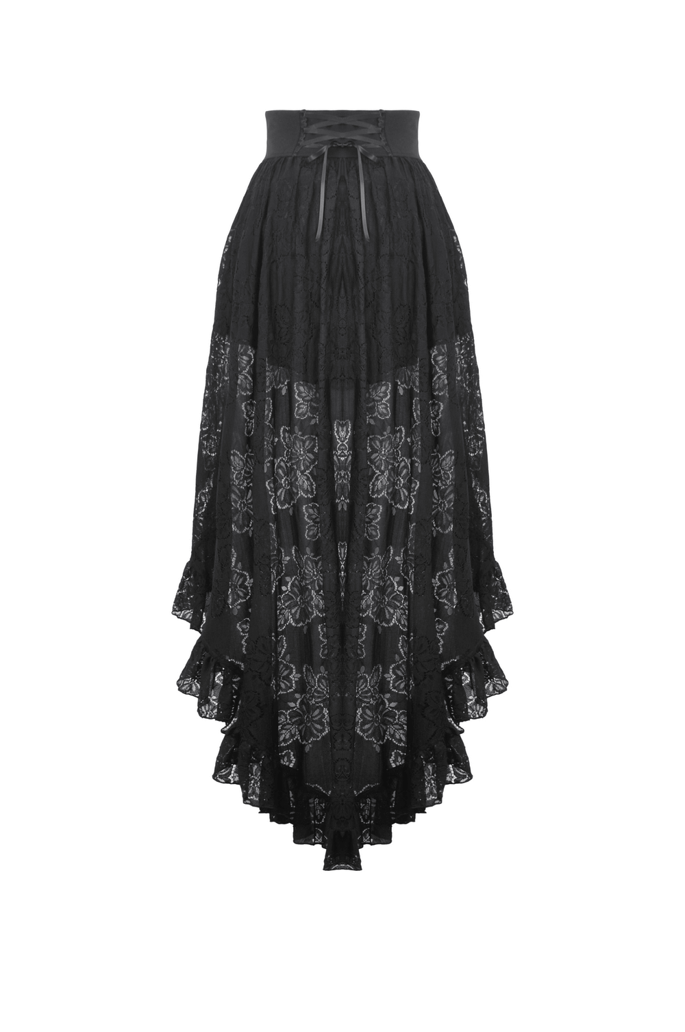 Black Gothic layered lace skirt with asymmetrical hem and adjustable straps for elegant evening wear.