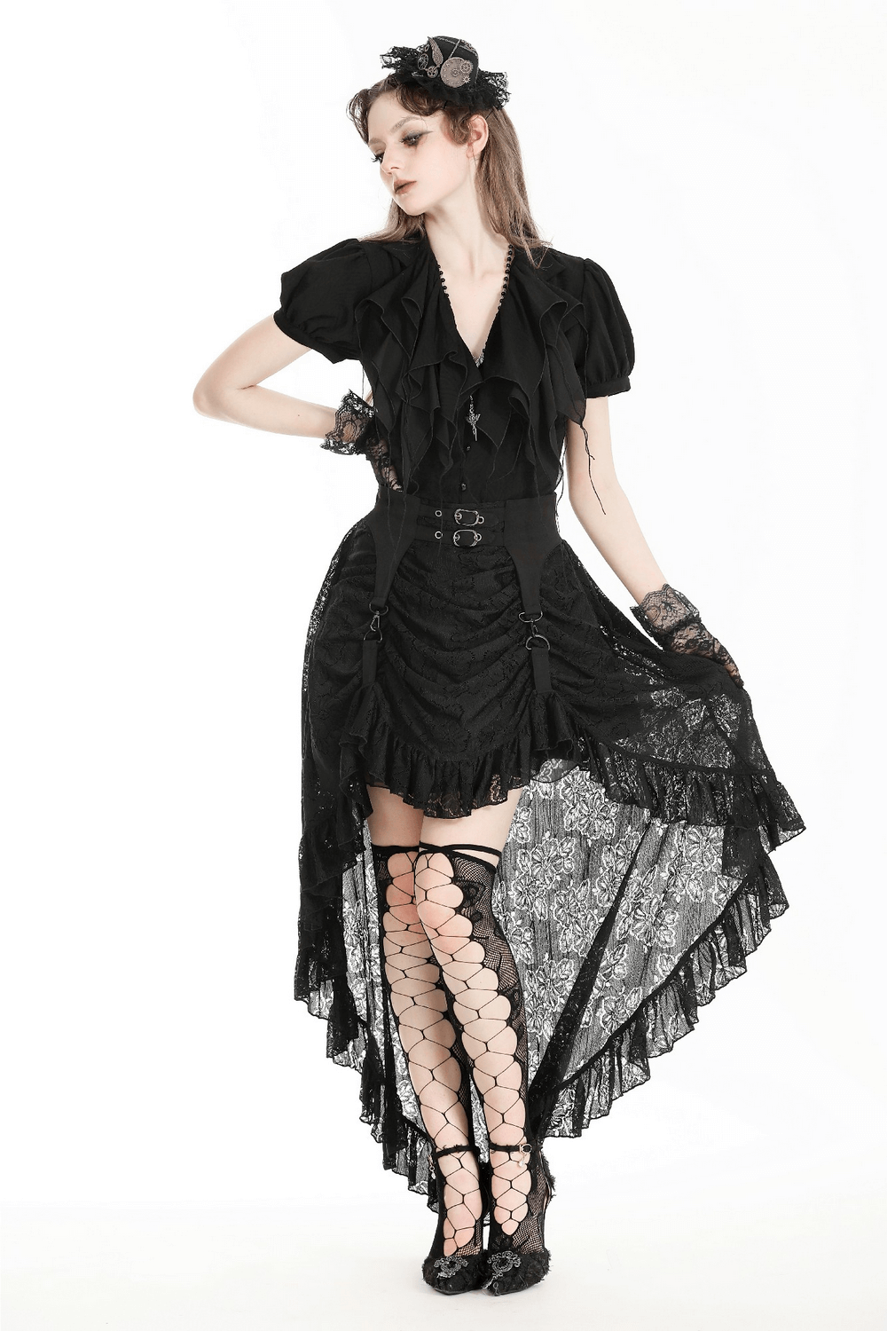 Elegant Black Gothic Layered Lace Skirt with asymmetrical hem and intricate lace for evening wear.