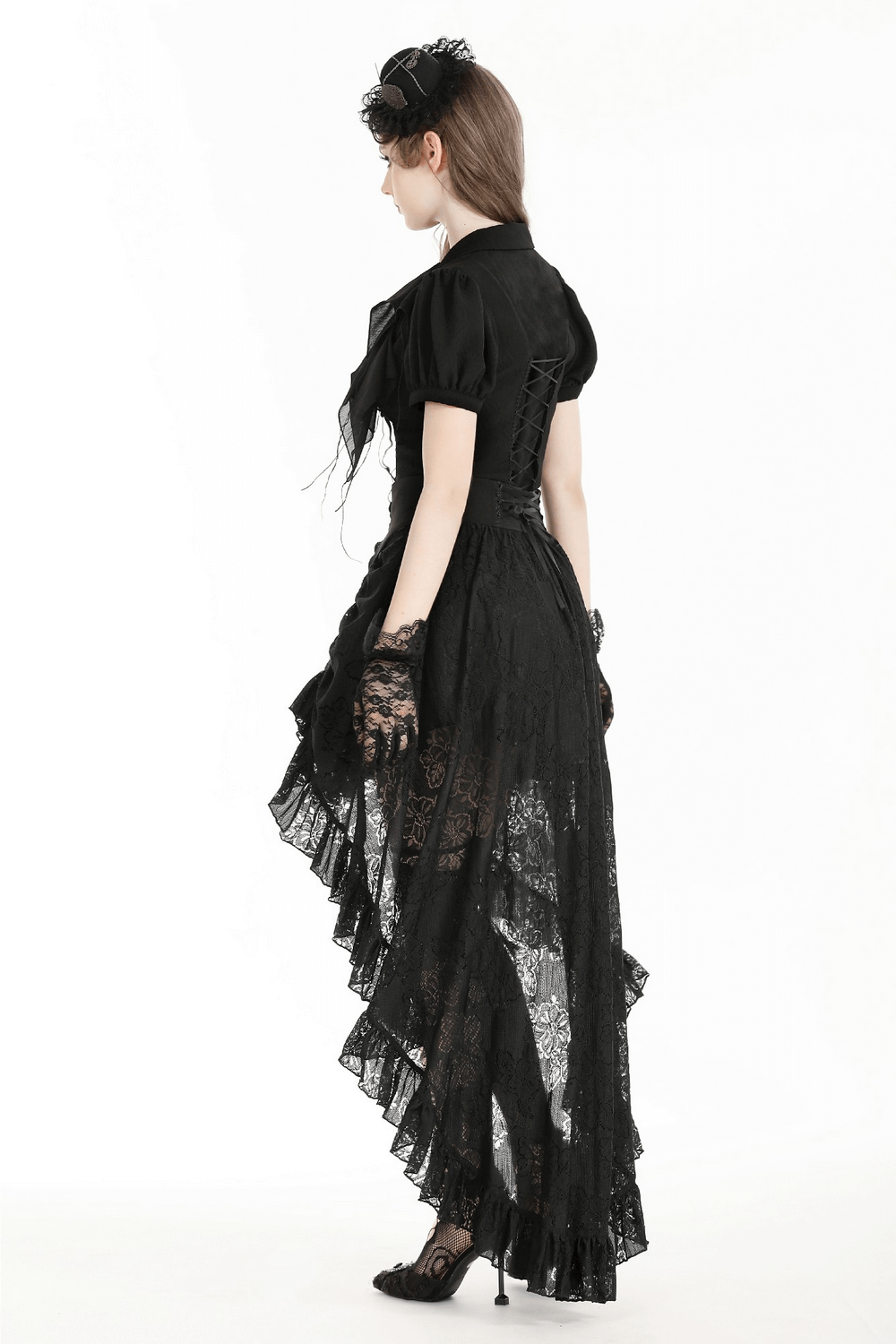 Elegant black gothic layered lace skirt with asymmetrical hem, showcasing a bold evening wear style.