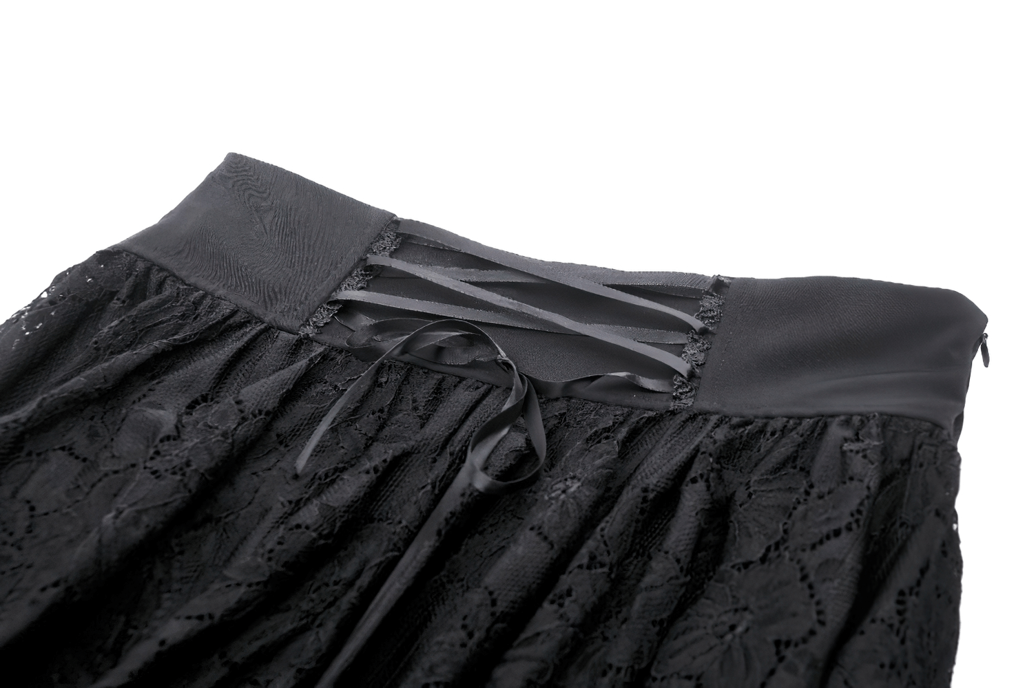 Elegant black gothic layered lace skirt with adjustable straps and intricate lace detail, perfect for evening wear.