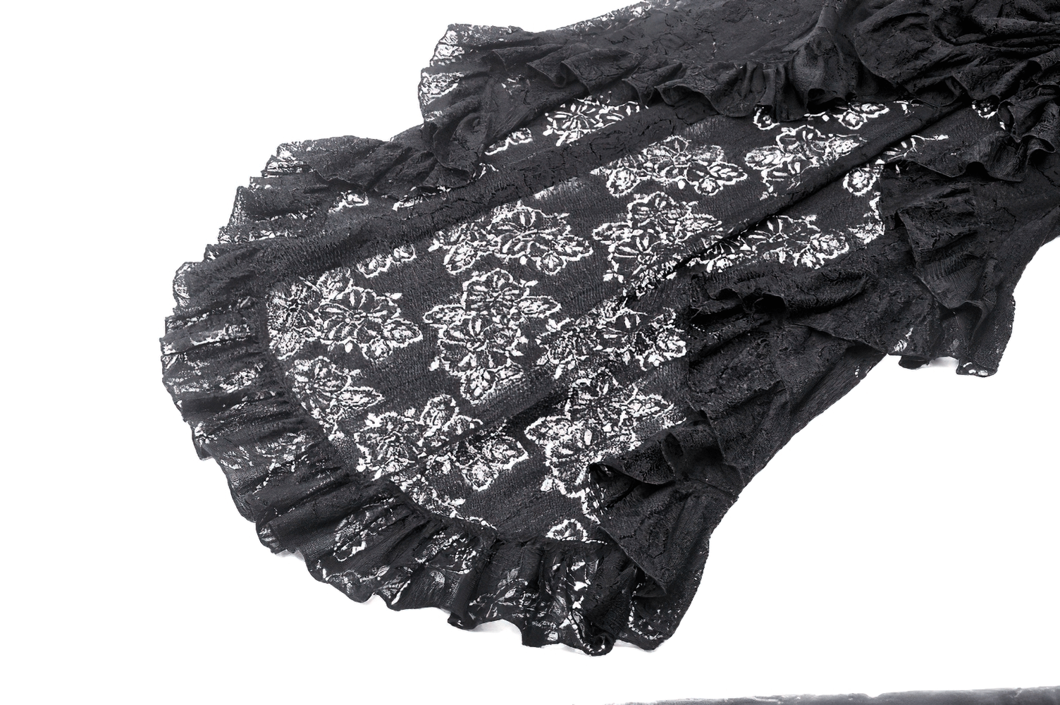 Black gothic layered lace skirt with intricate floral patterns and ruffled hems, perfect for evening wear.