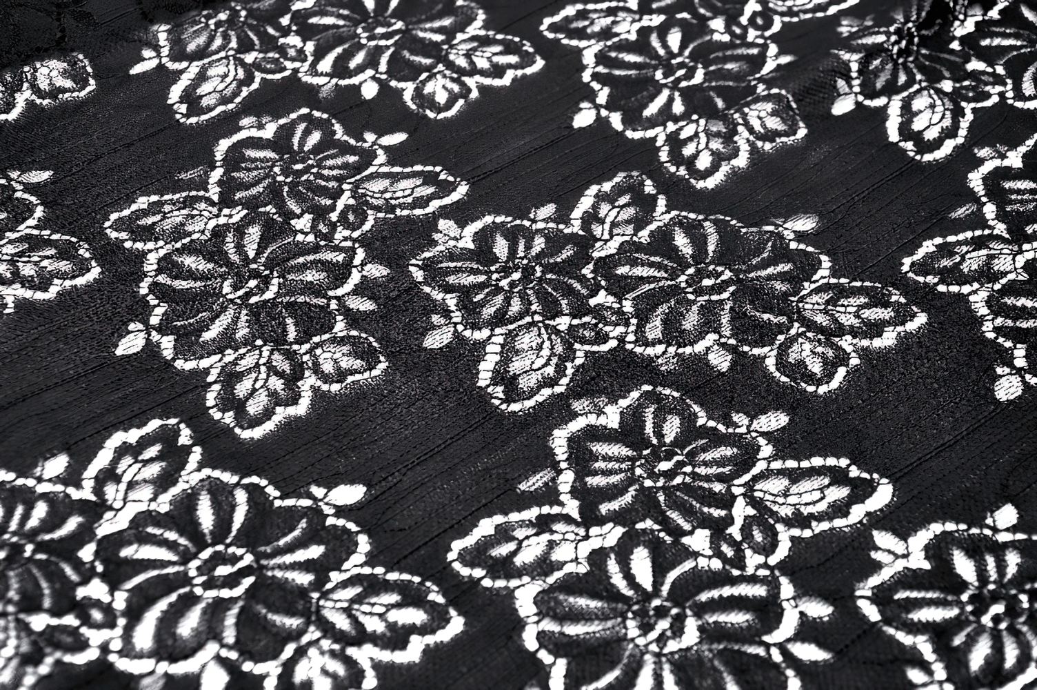 Close-up of intricate black lace fabric with floral patterns, perfect for gothic evening wear.