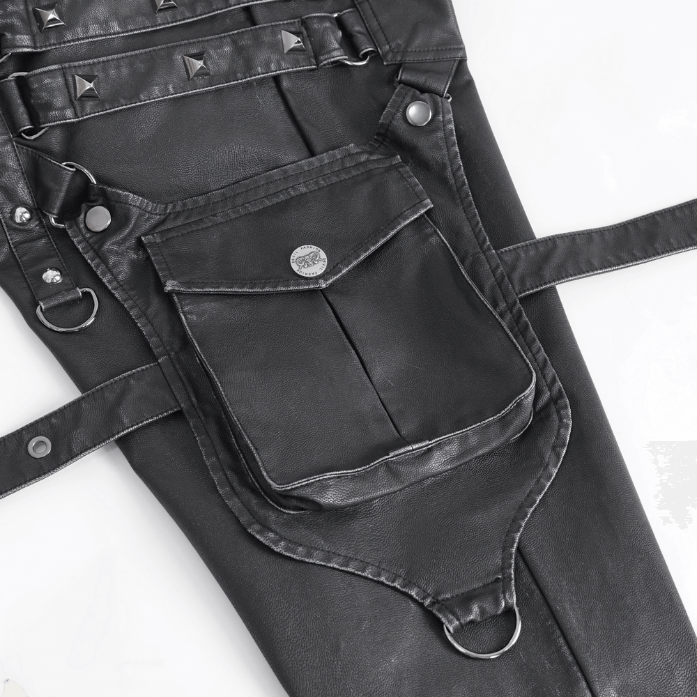 Close-up of Black Gothic Leather Pants featuring buckles, straps, and cargo pockets for a punk style.