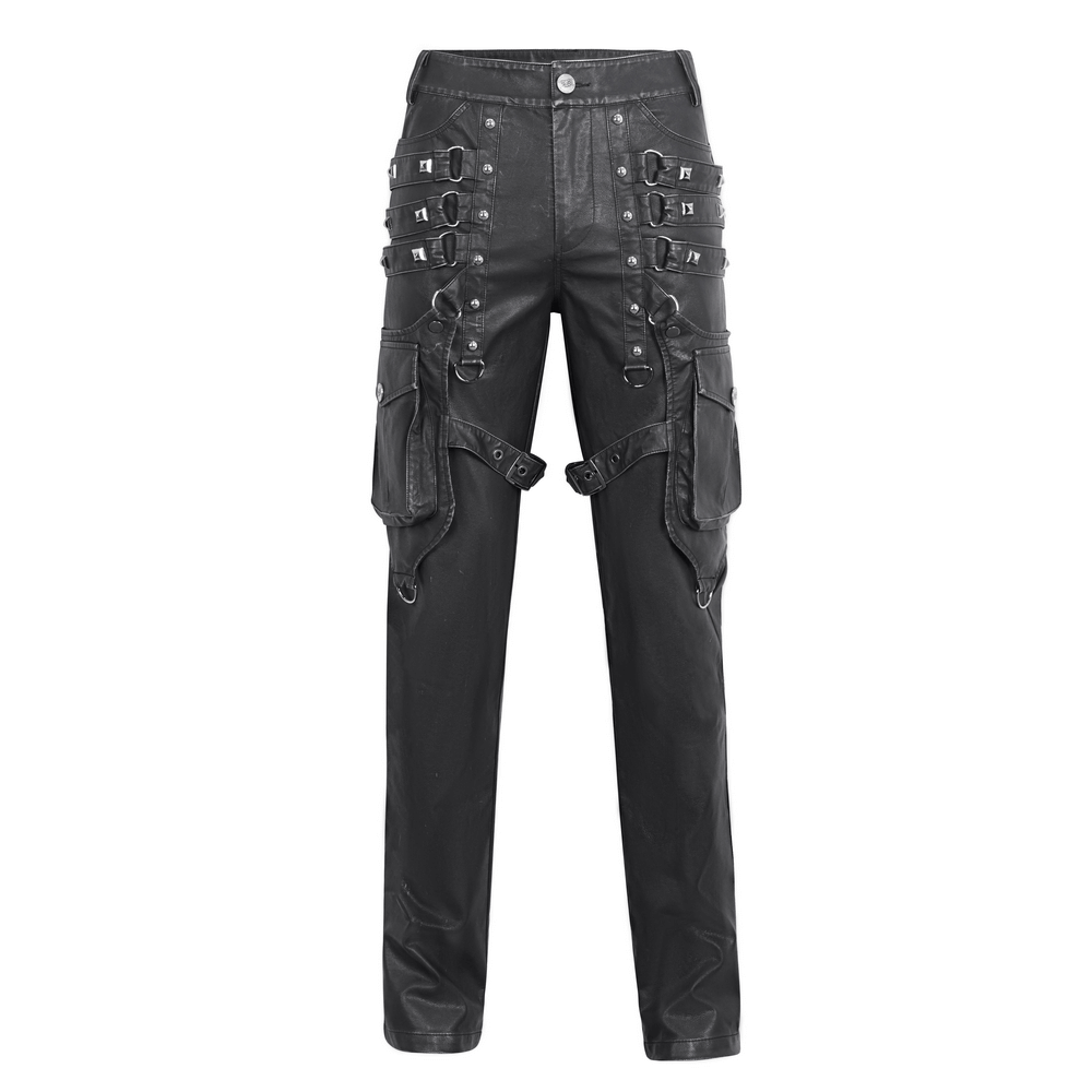 Black gothic leather pants with buckles and straps, perfect for punk and goth fashion enthusiasts.