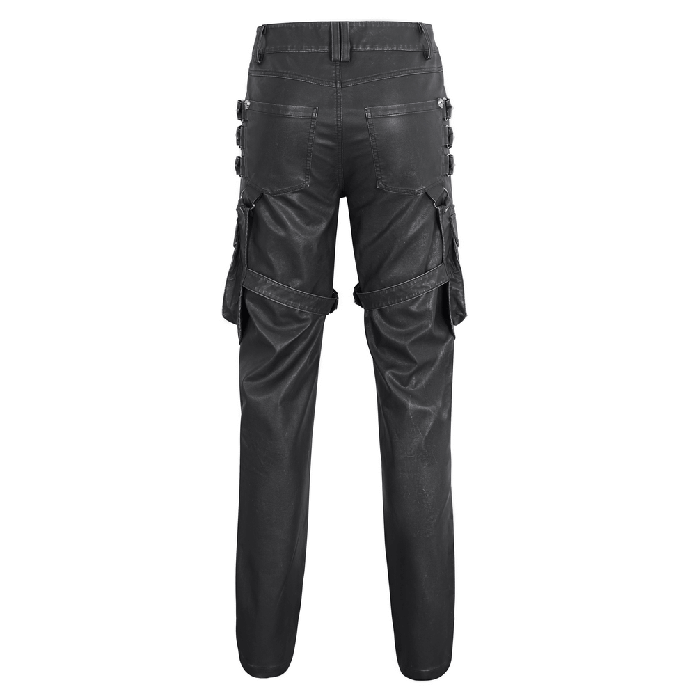 Back view of Black Gothic Leather Pants with cargo pockets and edgy strap details, perfect for punk fashion enthusiasts.