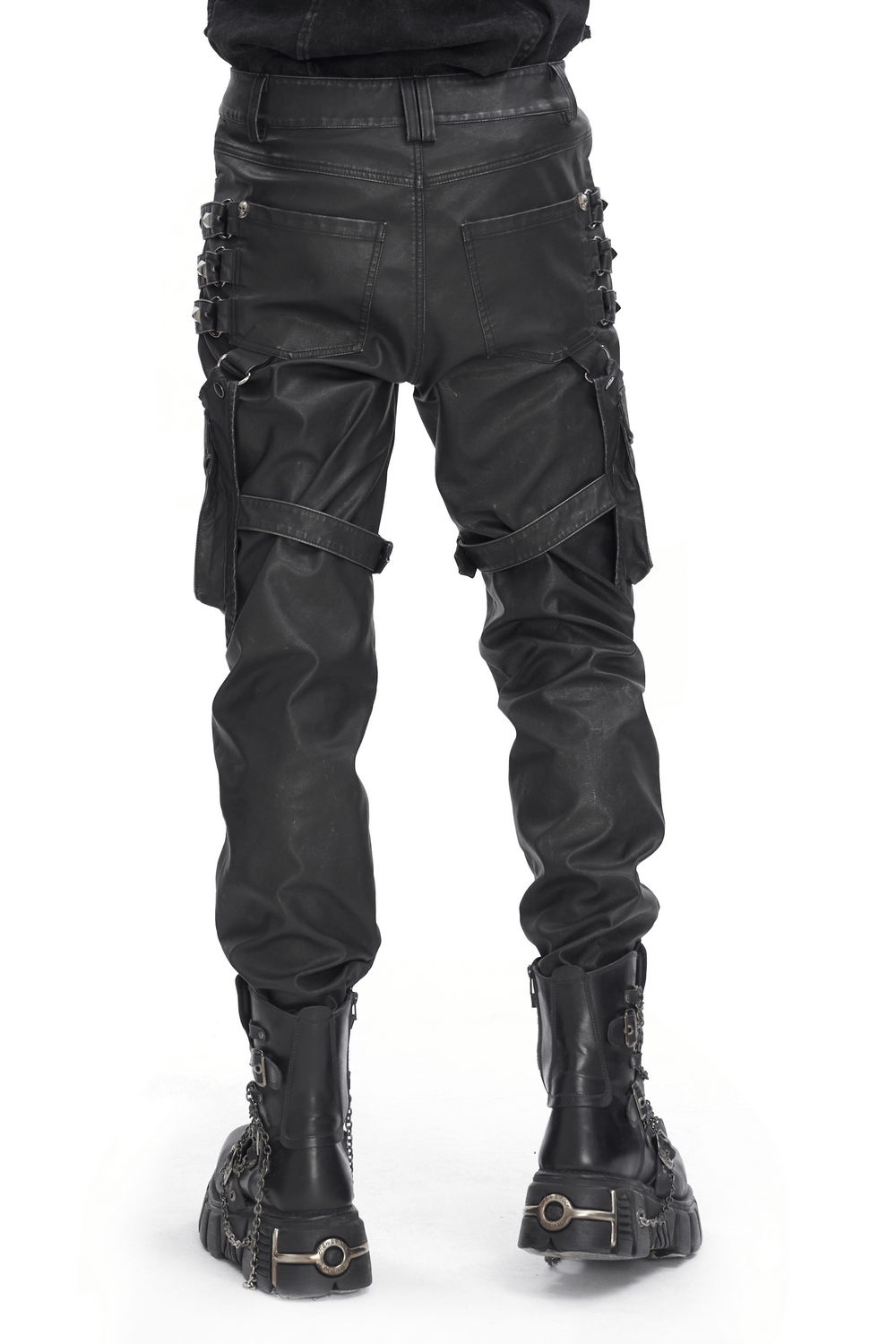 Back view of stylish black gothic leather pants with buckles and straps for edgy punk fashion.