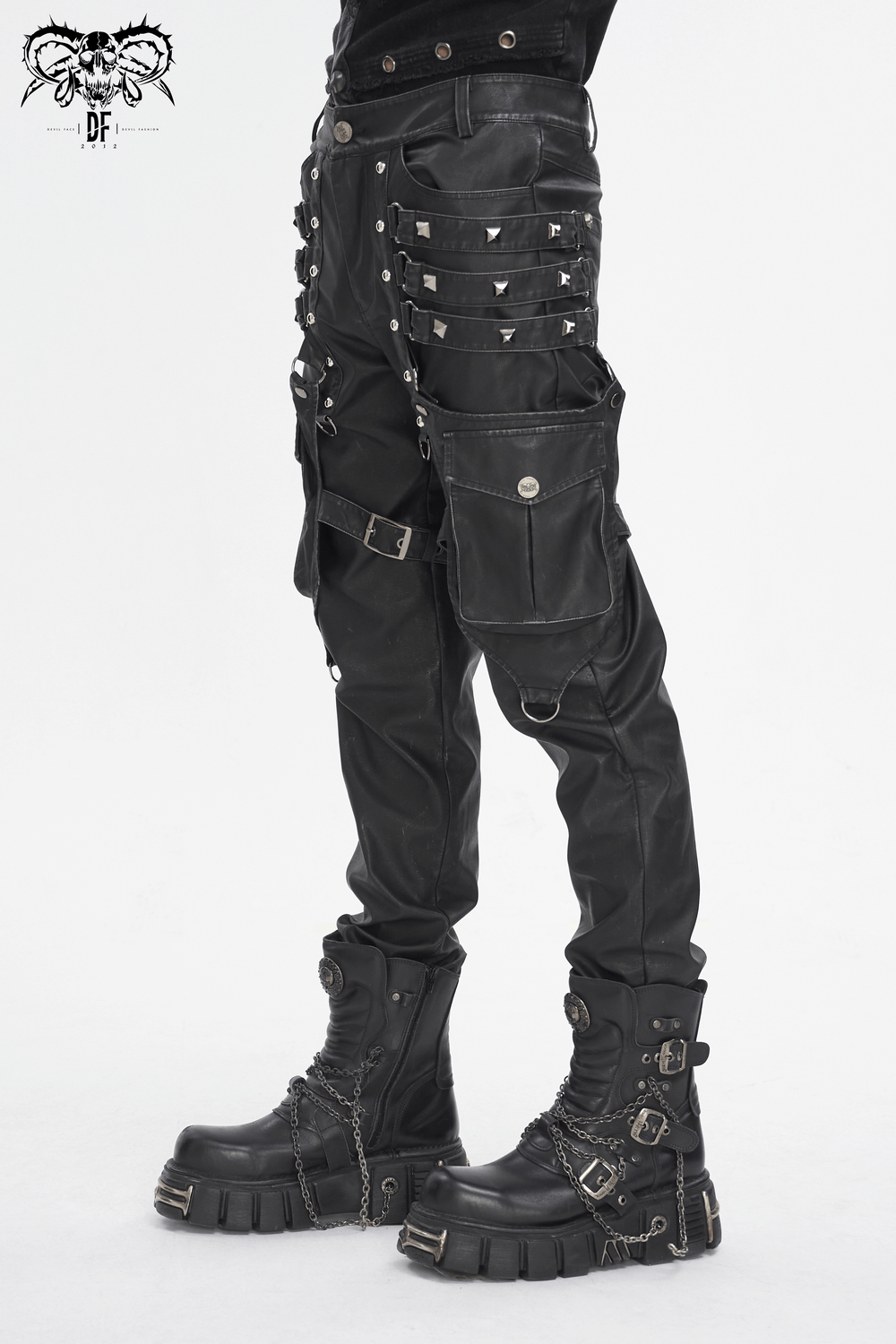 Black gothic leather pants with buckles and cargo pockets for a punk-influenced edgy style.