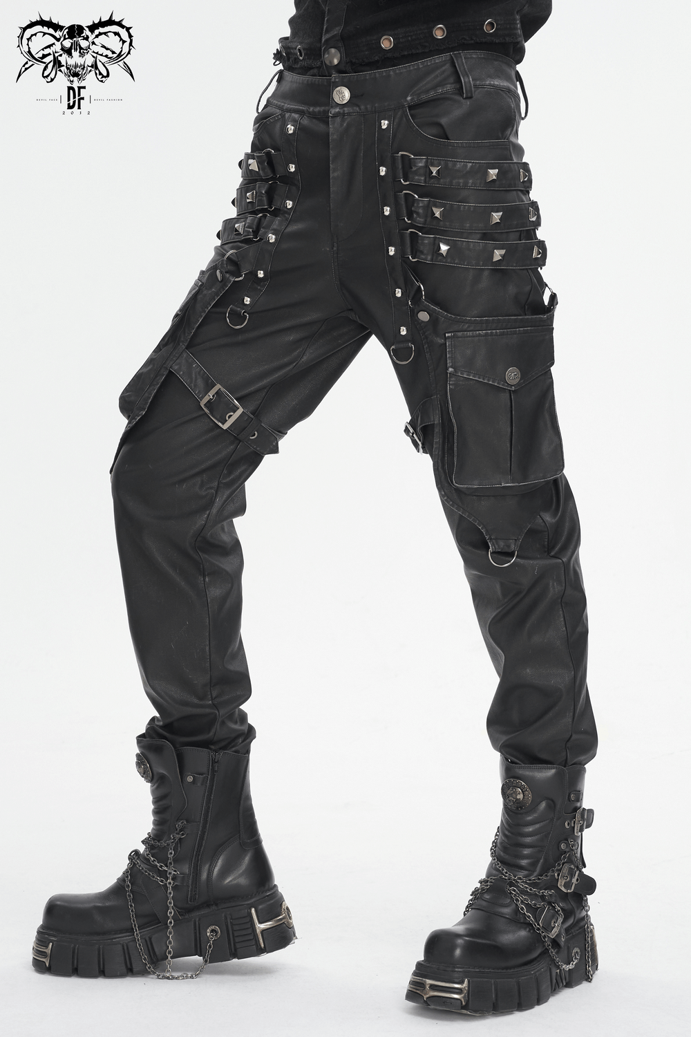 Black Gothic leather pants with buckles and straps, perfect for punk fashion enthusiasts.