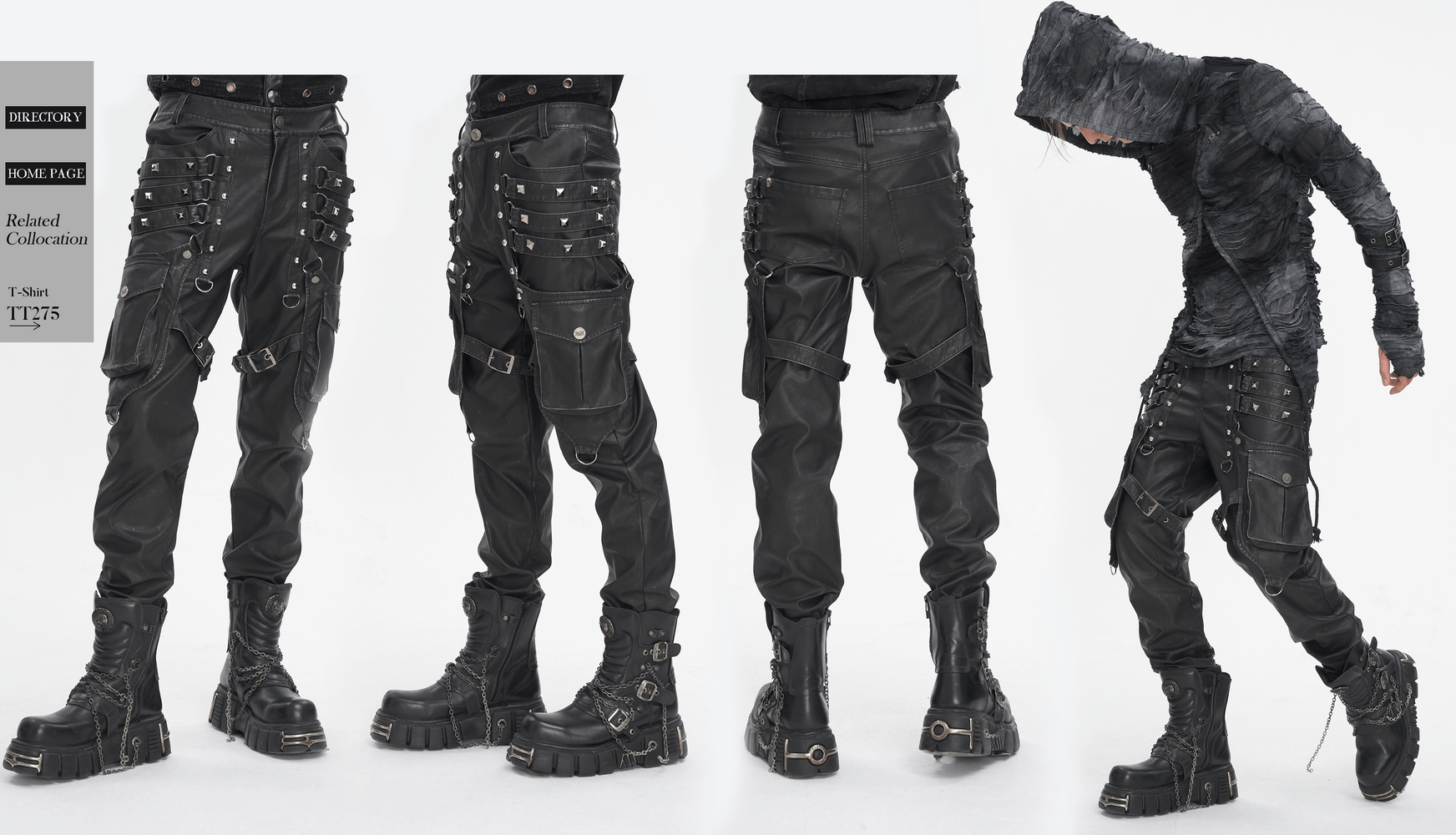 Black gothic leather cargo pants with buckles and straps, highlighting edgy punk fashion and durable style.
